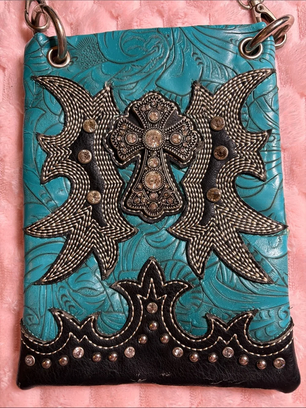 Y2K Western Turquoise Cross Tooled Leather Bag w/ Chain